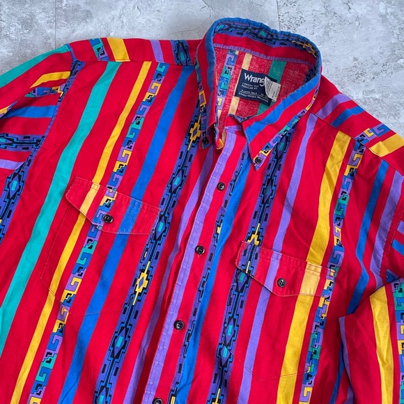 VINTAGE 90s WRANGLER SHIRT MENS 18-36 BUTTON UP AZTEC RED YELLOW BLUE WESTERN - Picture 2 of 15
